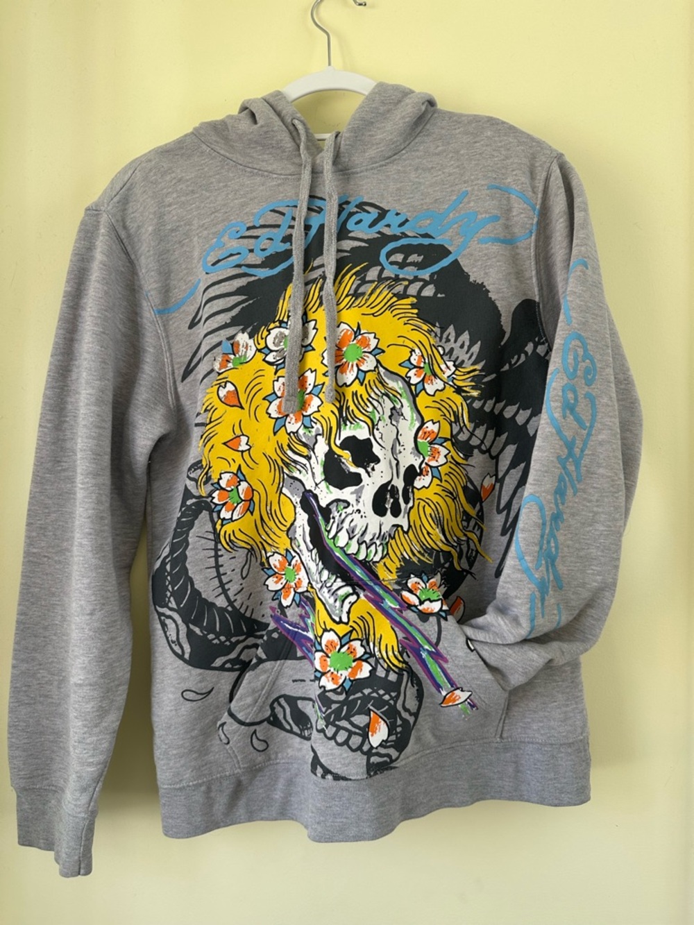 Ed Hardy Gray Graphic Hoodie Sweatshirt with Floral Skull - Men’s Small